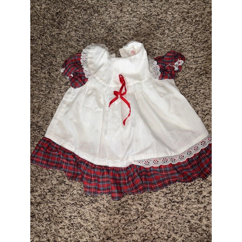 Vintage Apron Plaid Dress Infant Lace Ruffled Christmas Holiday 14-19lbs Small